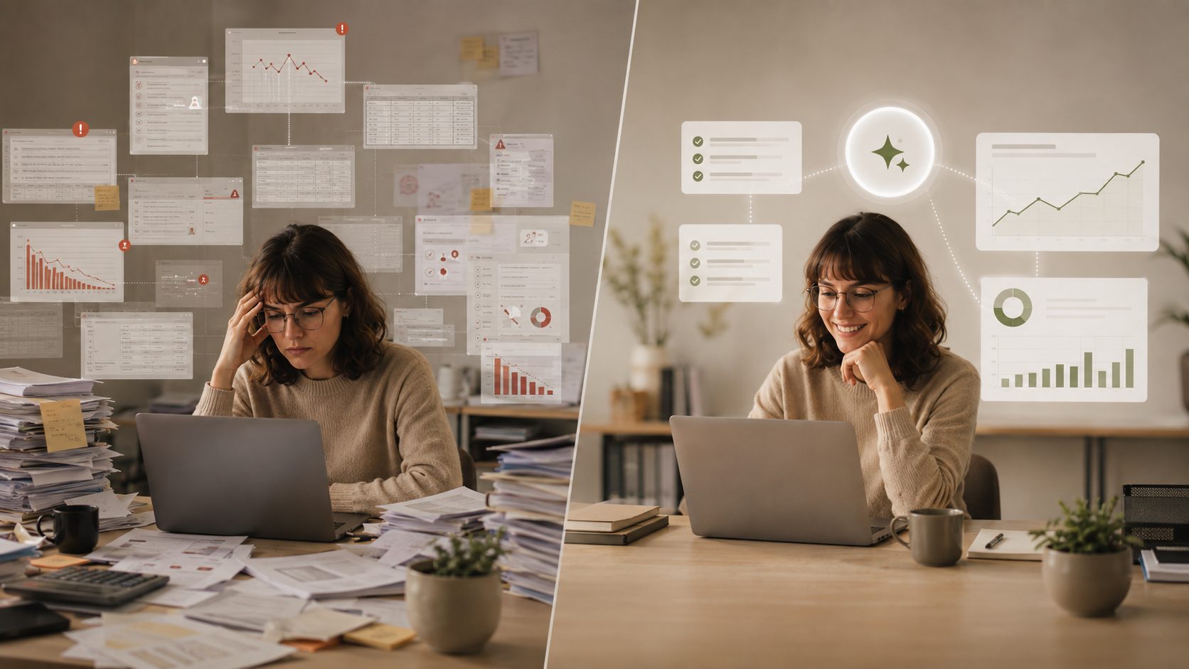 The same person at the same desk: buried in paperwork and alerts on the left, calm with an AI system handling the work on the right