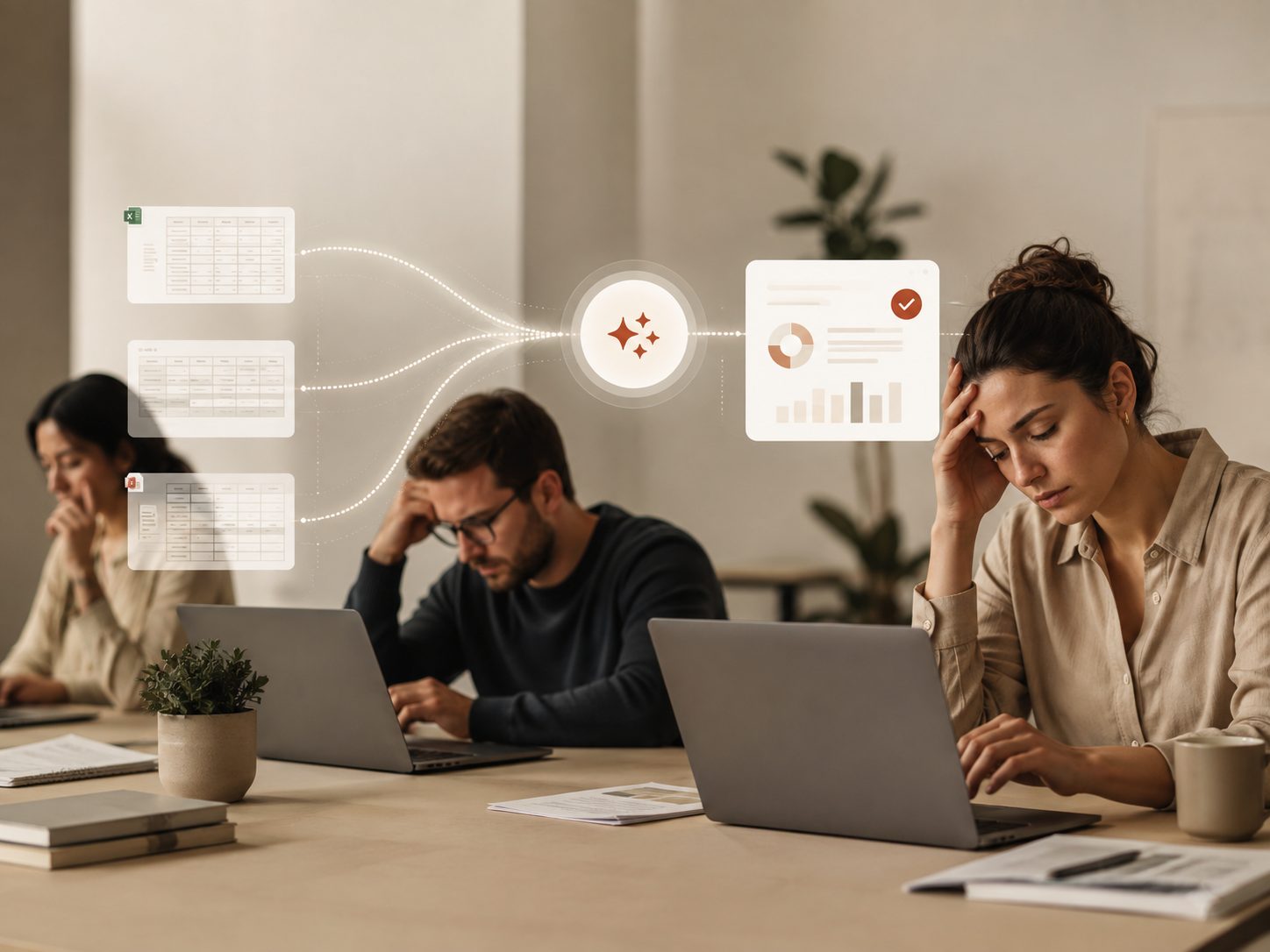 A team buried in manual spreadsheet work while an AI system routes the reports automatically