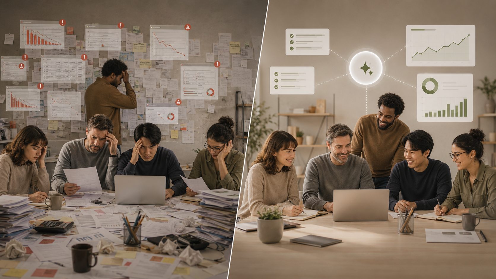 A team drowning in paperwork and red alerts on the left, the same team working calmly around one system on the right
